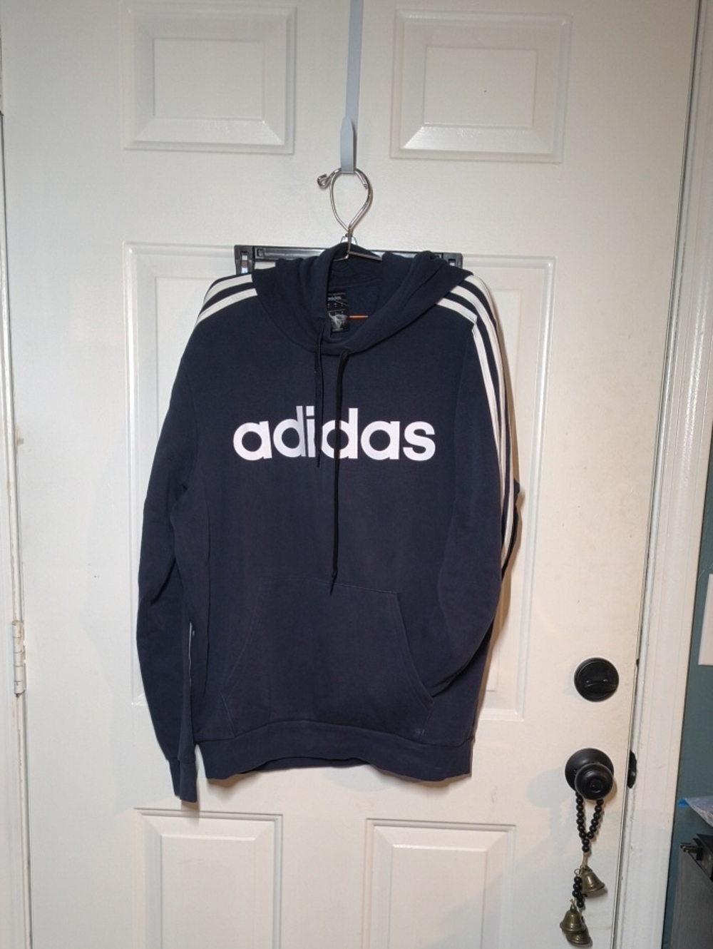 adidas Navy Hoodie with White Logo & Shoulder Stripes
